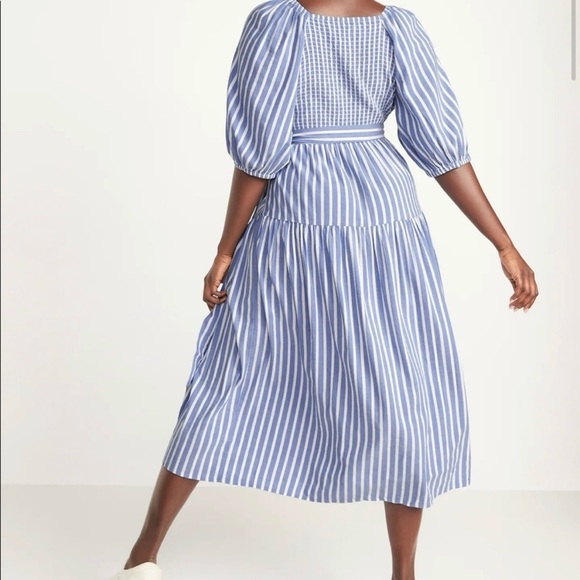Old Navy Women M Stripe Blue White Midi Wrap Dress Modest Elbow Sleeves Nautical - Picture 2 of 11